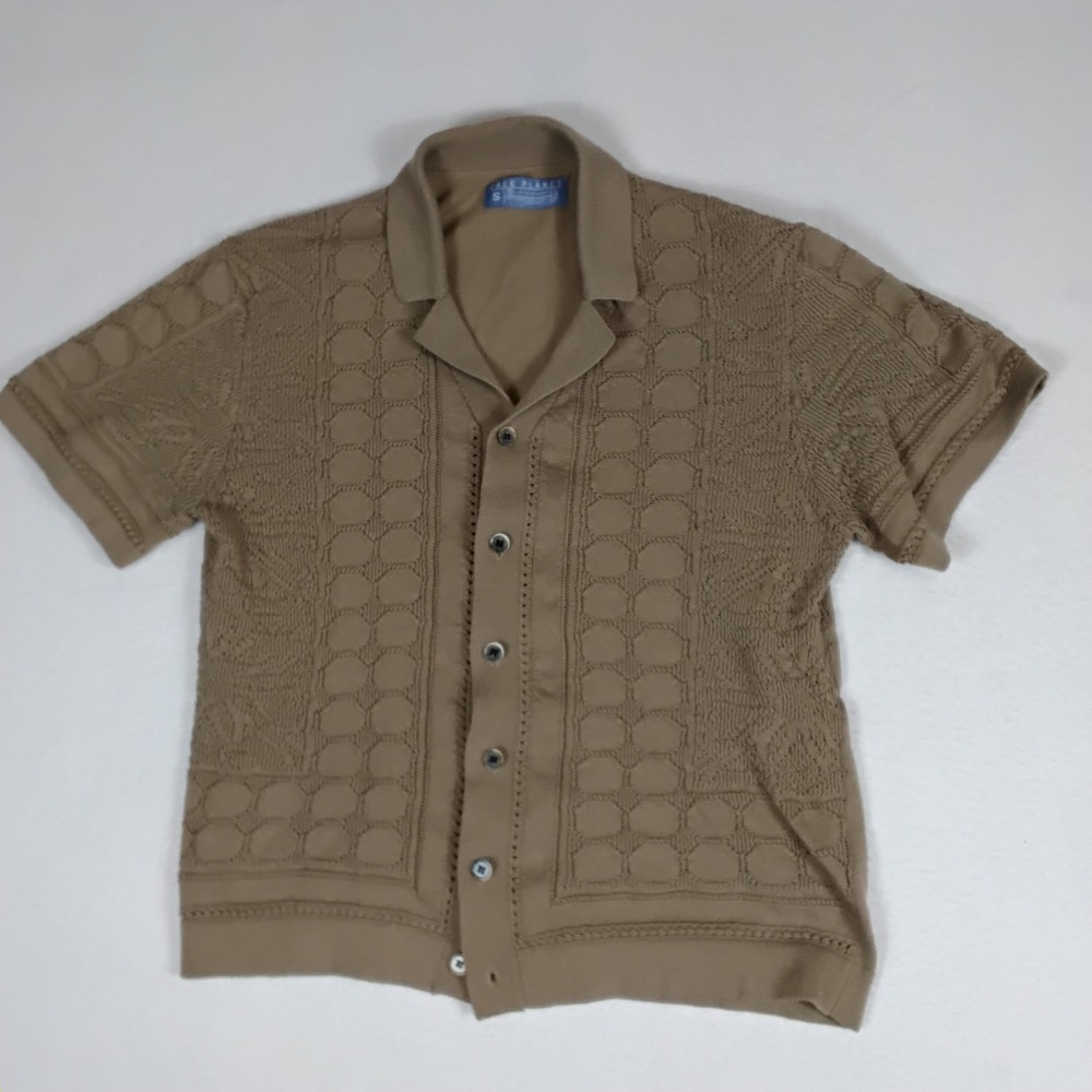 Free Planet Mens S Tan Textured Knit Polo Shirt Button Front Retro Old Money